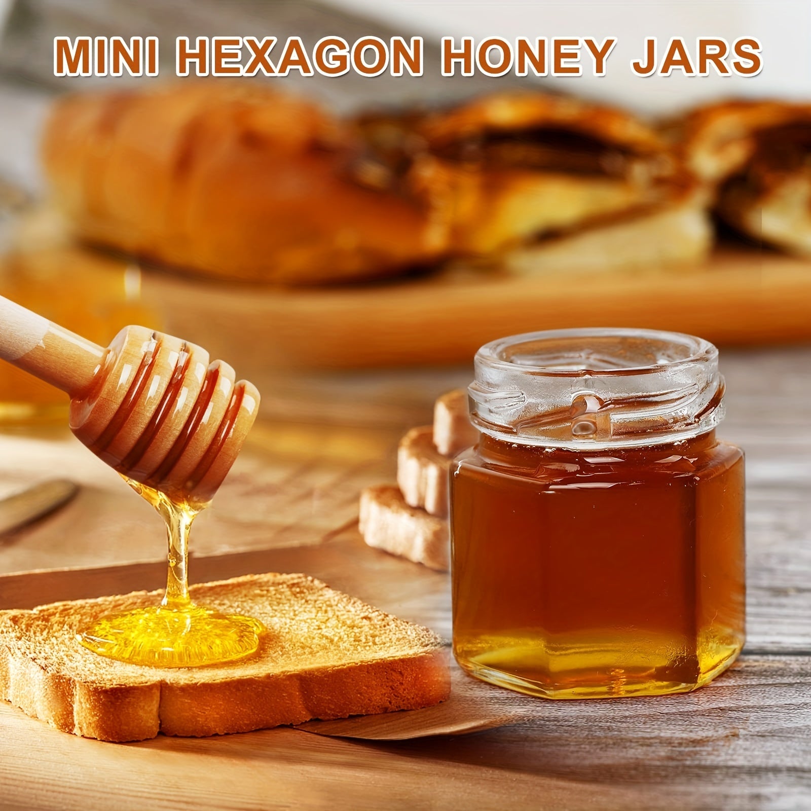 Small Hexagonal Glass Honey Jars 1.5 oz Sets of 20 30 50 or 60 with Spoons Bee Symbols and Thank You Cards