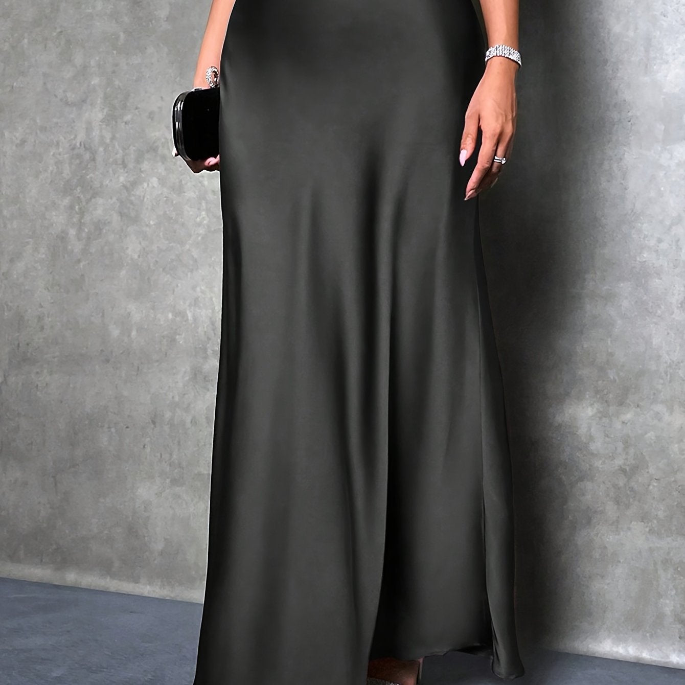 Women's Satin Maxi Skirt Black Plus Size Flowing Event Wear