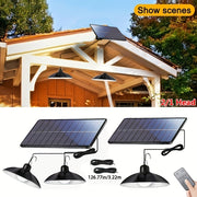 Lámpara colgante LED solar con control remoto, doble cabezal, lámpara exterior suspendida para jardín, porche, autocaravana y camping