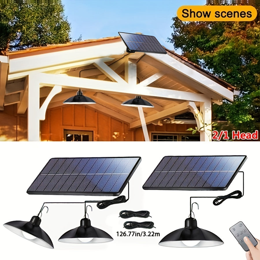 Lámpara colgante LED solar con control remoto, doble cabezal, lámpara exterior suspendida para jardín, porche, autocaravana y camping