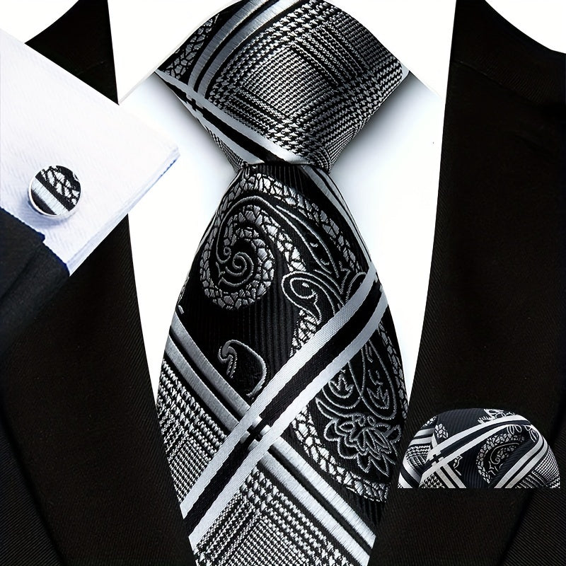 Men's Business Tie, Handkerchief, Cufflinks Set in Plaid and Stripe Designs