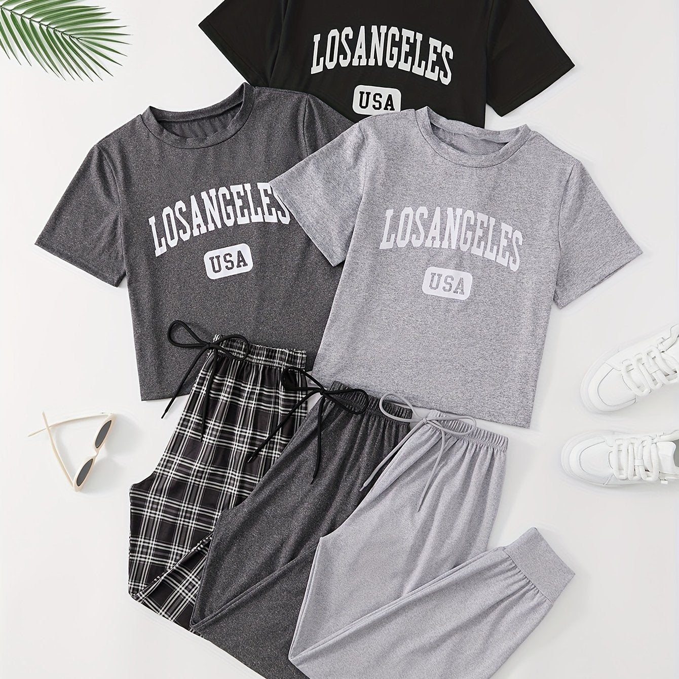 Women's Lounge Set with Letter Print Short Sleeve Top and Drawstring Joggers
