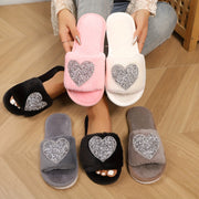 Women's Plush Slippers Soft Fabric Indoor House Shoes with Glitter Heart Black White Gray Pink