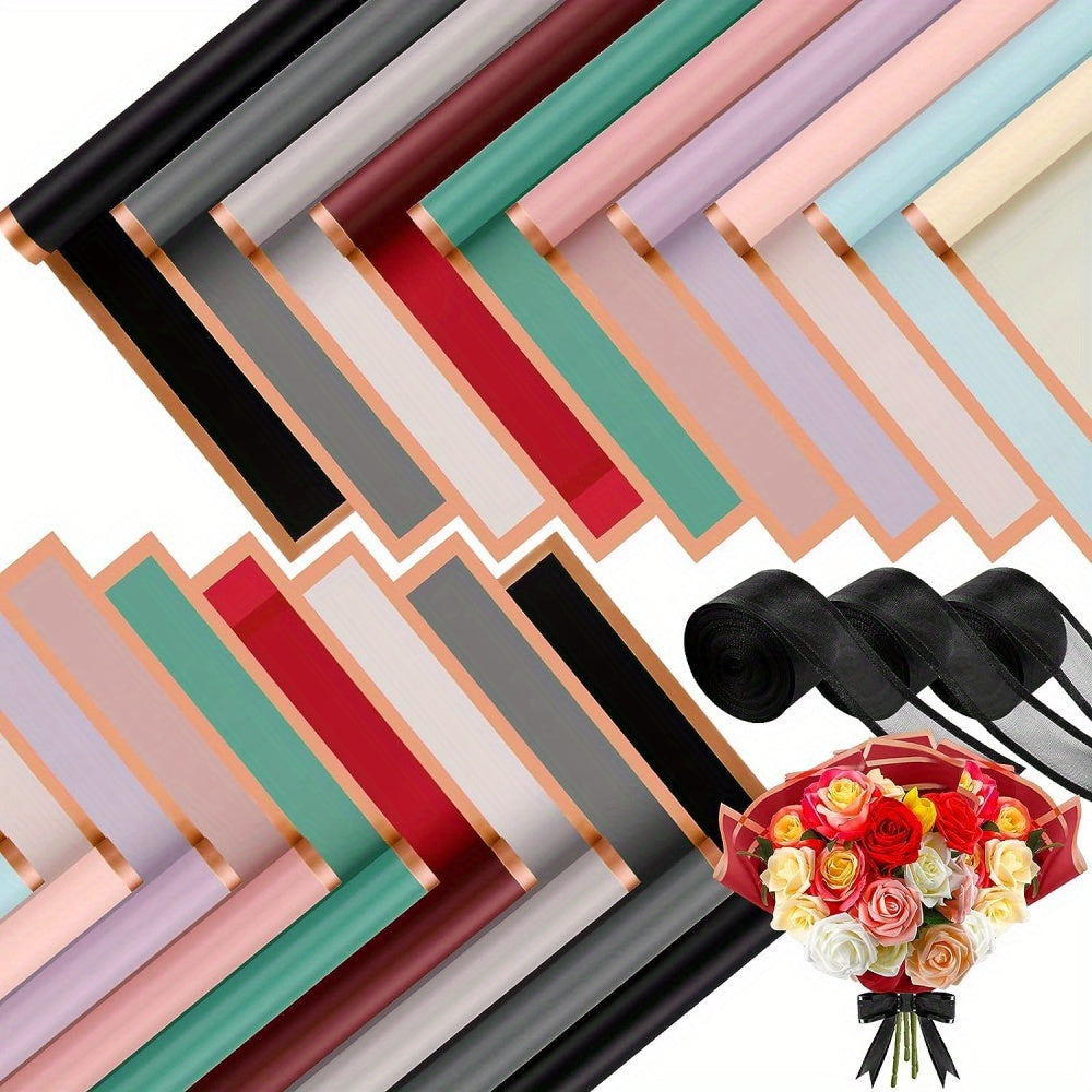 Assorted Flower Wrapping Paper Set with Gold Border and Korean Mesh for Bouquets and Gifts