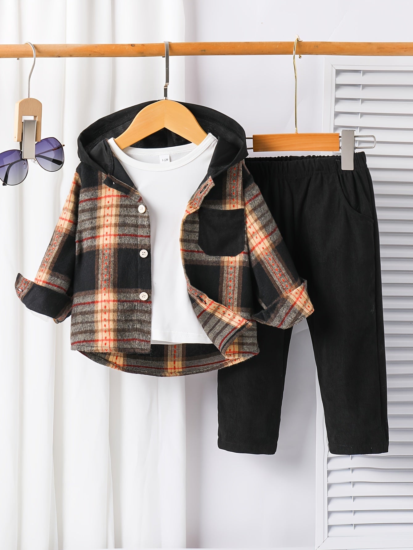 Boys Plaid Hooded Shirt and Pants Set Fall Winter Casual Polyester