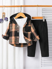 Boys Plaid Hooded Shirt and Pants Set Fall Winter Casual Polyester
