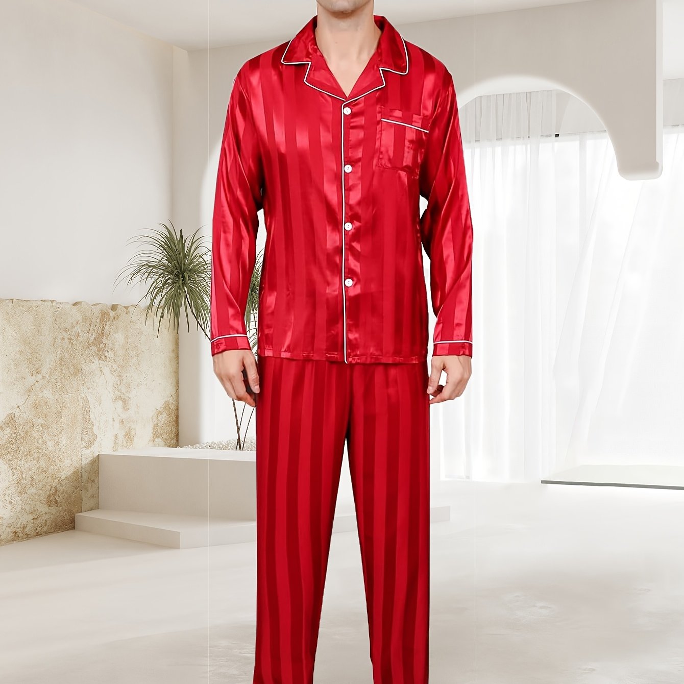 Men's Long Sleeve Striped Pajama Set for Spring and Fall Casual Home Wear