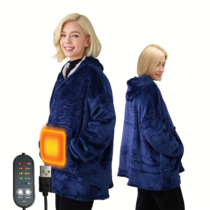 Wearable Heated Blanket Hoodie Flannel Blue Adjustable Thermostat 5-Speed