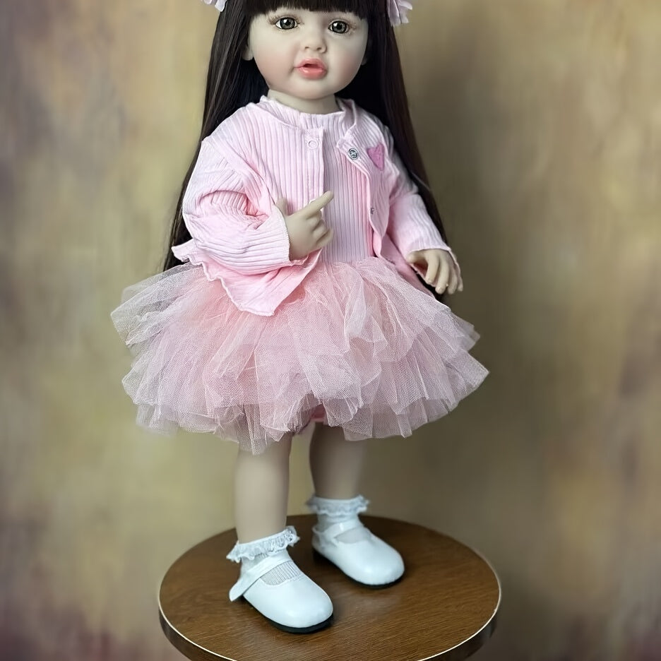 22-Inch Pink Reborn Baby Doll with Long Hair Wig Fully Poseable for Play and Collectors