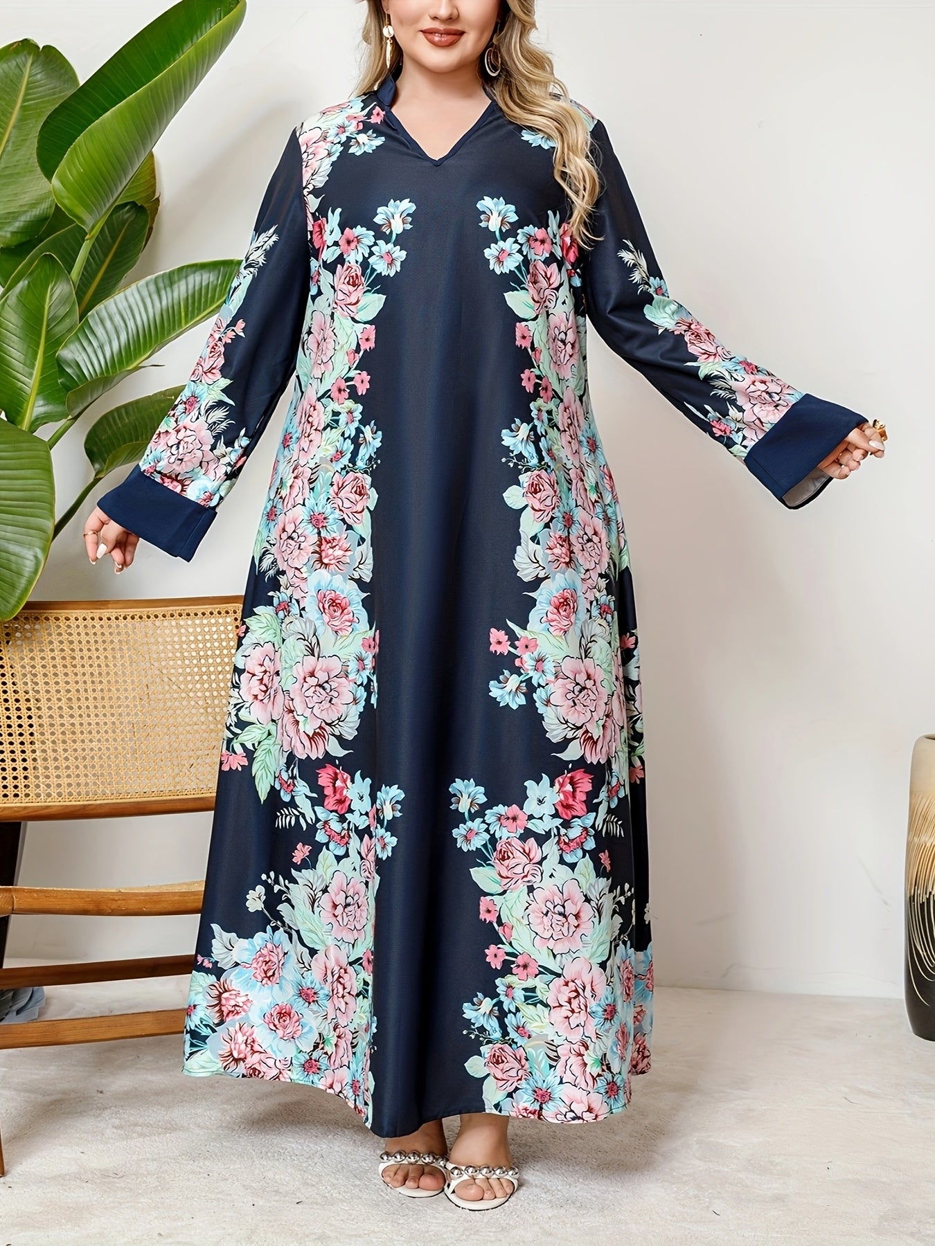 Plus Size Women's V-Neck Dress with Ethnic Print and Elegant Style