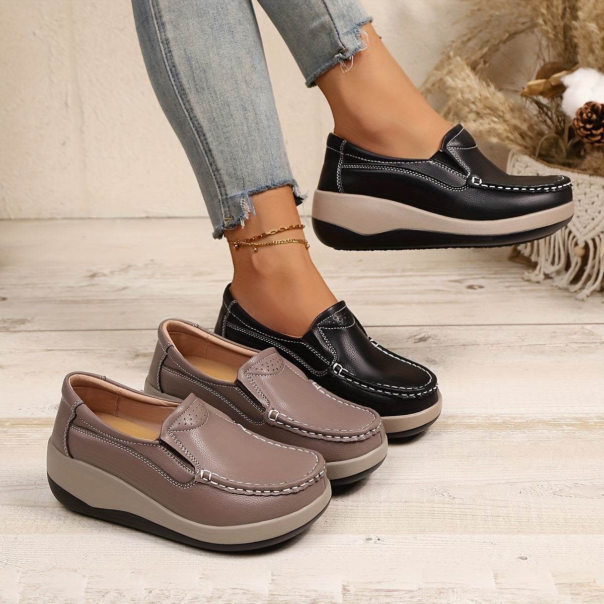 Women's Wedge Loafers Leather Comfortable Elegant Footwear