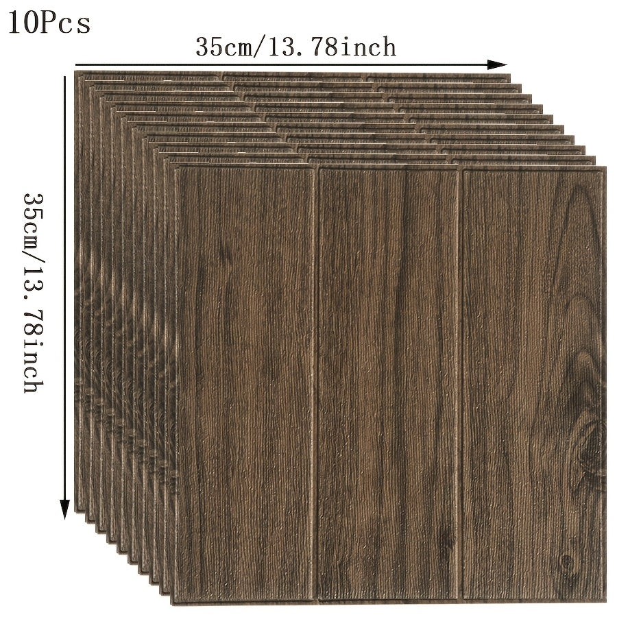 10pcs Wood Grain Self-Adhesive Wall Stickers 35x35cm Rectangular Cabin Style Decor