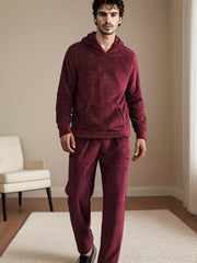 Men's Plush Fleece Hooded Pajama Set with Pockets for Winter Sleepwear
