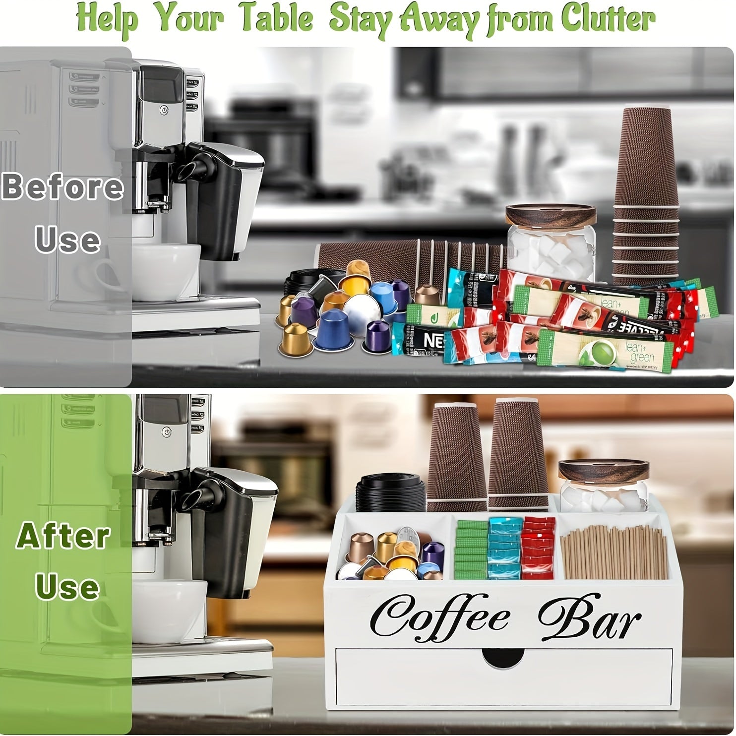 Organizador de barra de café de madera con cajón para tazas, cápsulas y accesorios, almacenamiento de cocina