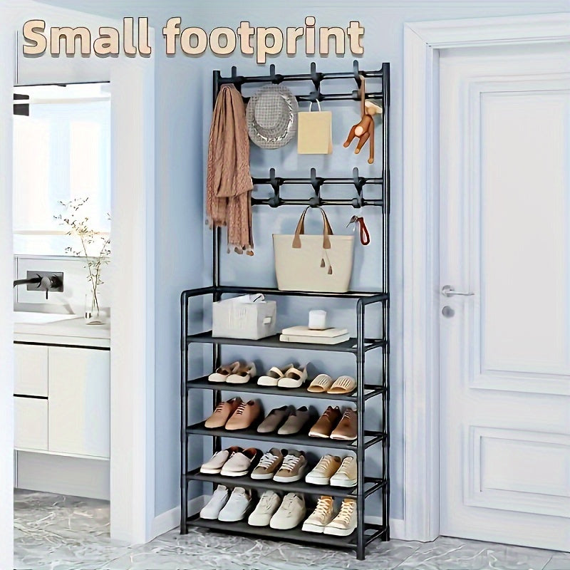 Iron Storage Organizer with 8 Dual Hooks Shoe Rack Coat Hanger for Living Room Bathroom Hallway