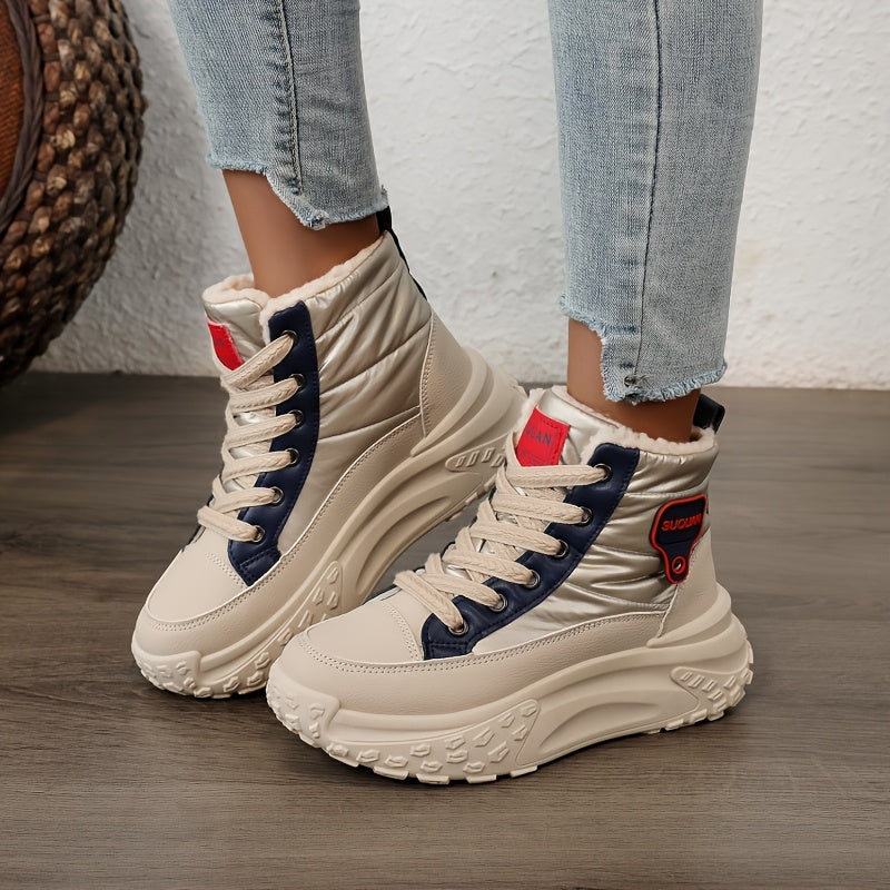 Women's Fleece-Lined Platform Ankle Boots Winter Casual Lace-Up Black Brown Beige