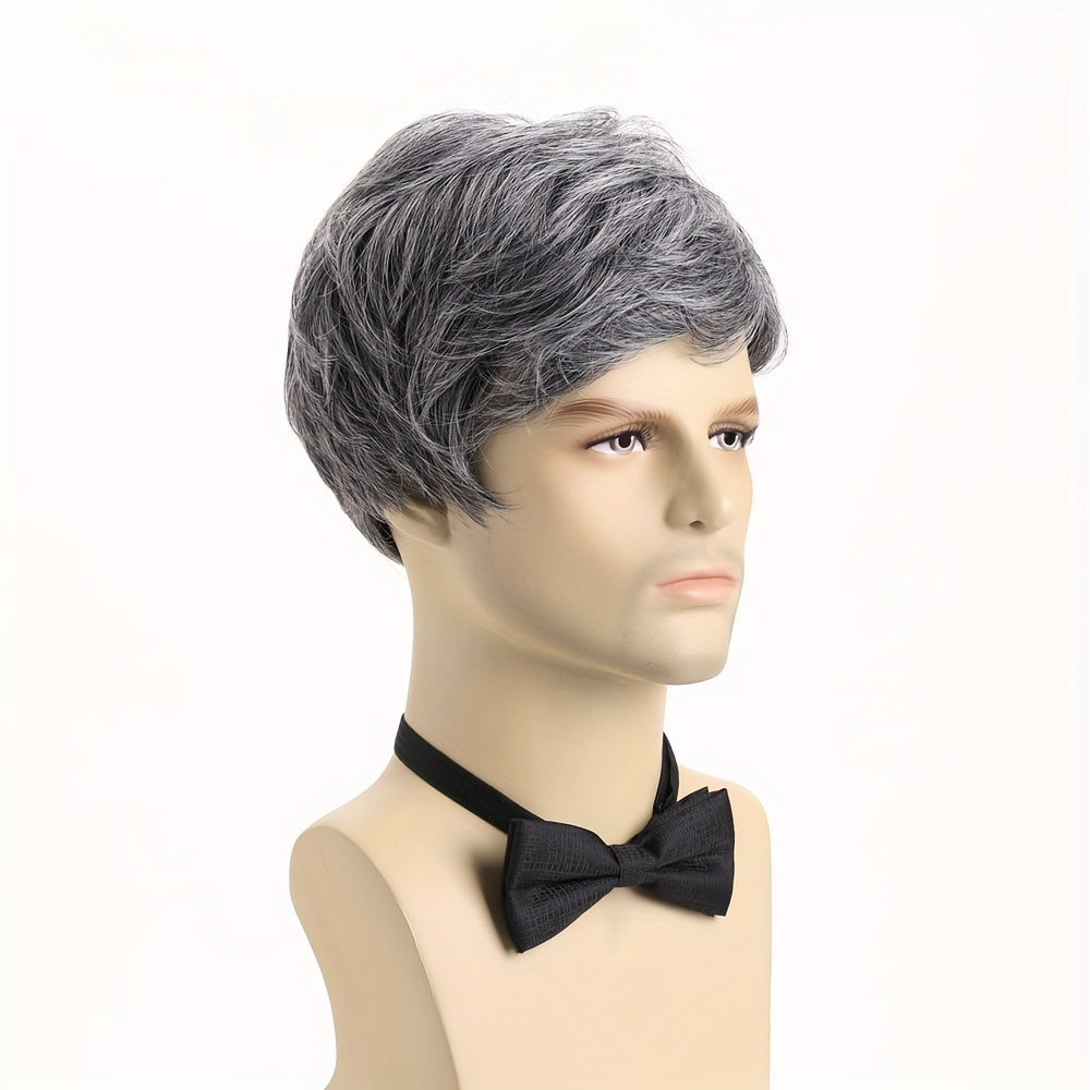 Men's Short Wavy Gray Wig with Side Bangs, 25.4cm Synthetic Fiber for Daily Wear and Parties