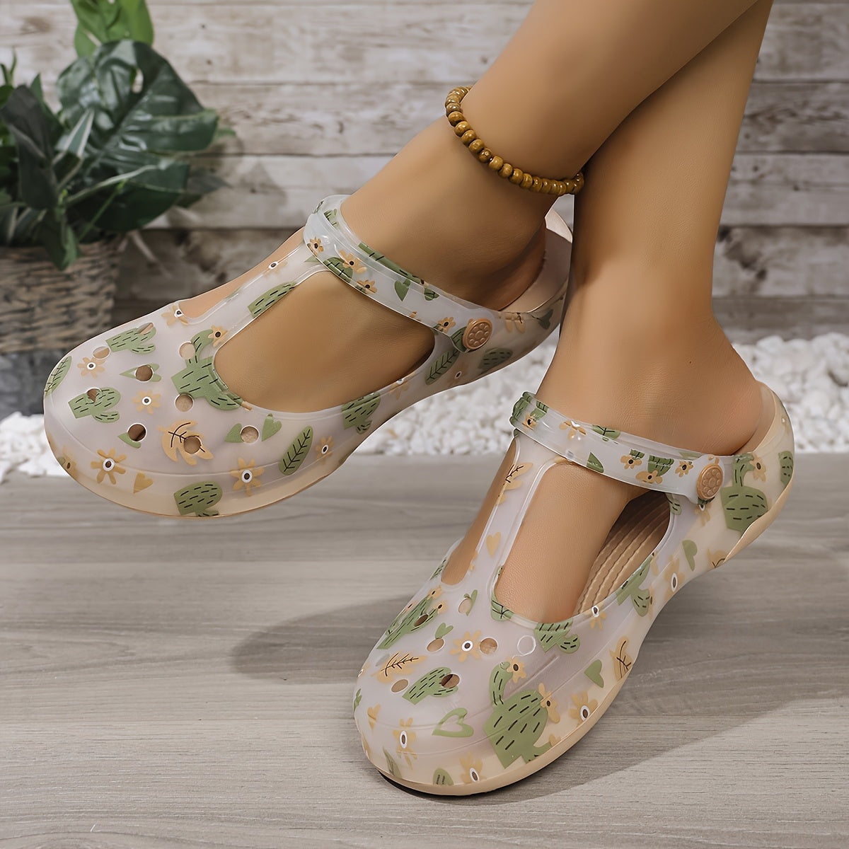 Women's EVA Slip-On Sandals with Cartoon Floral Pattern and Mid-Heel
