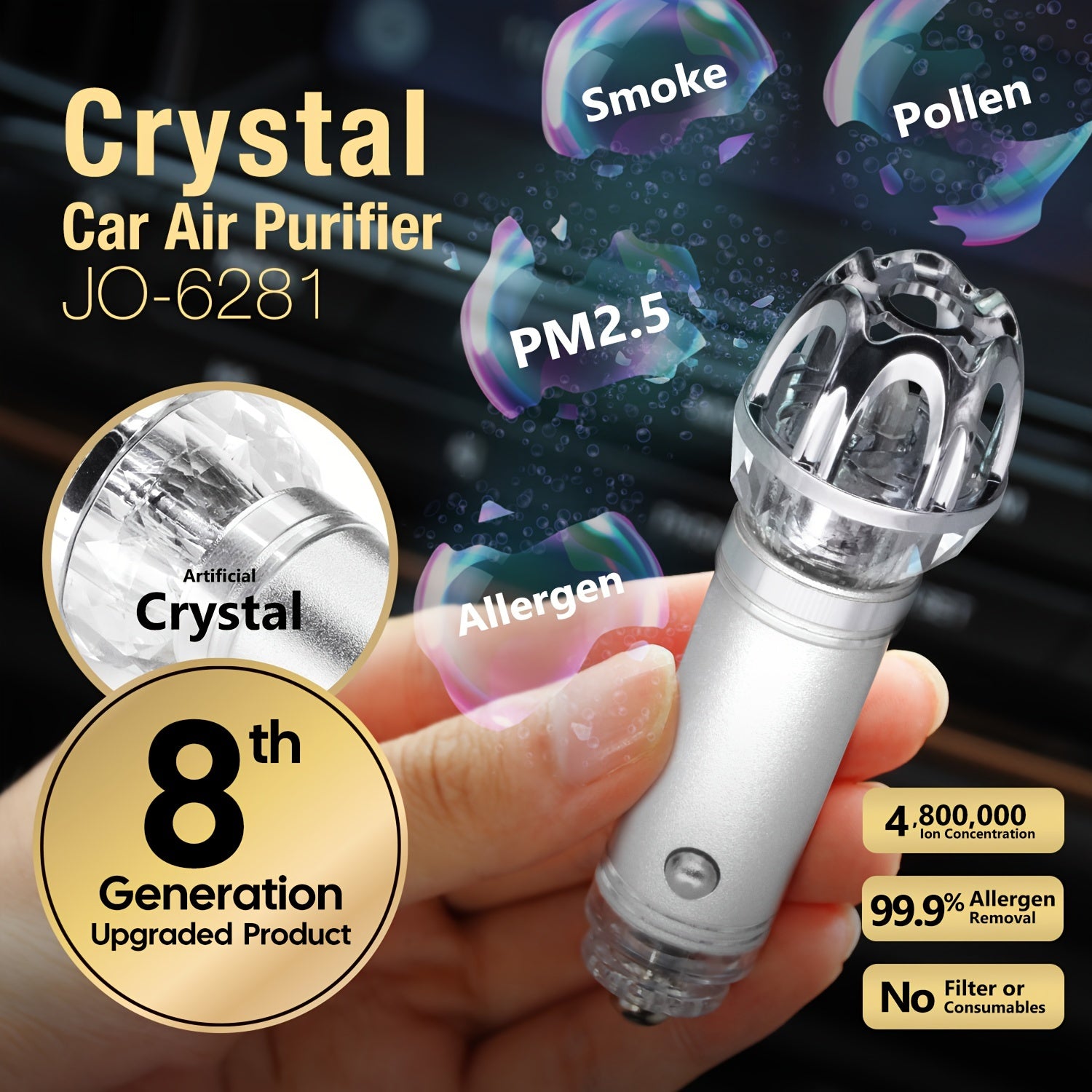 Мини-кристаллический ионный очиститель воздуха для автомобиля, отрицательный ионизатор для сигаретного дыма и пыли