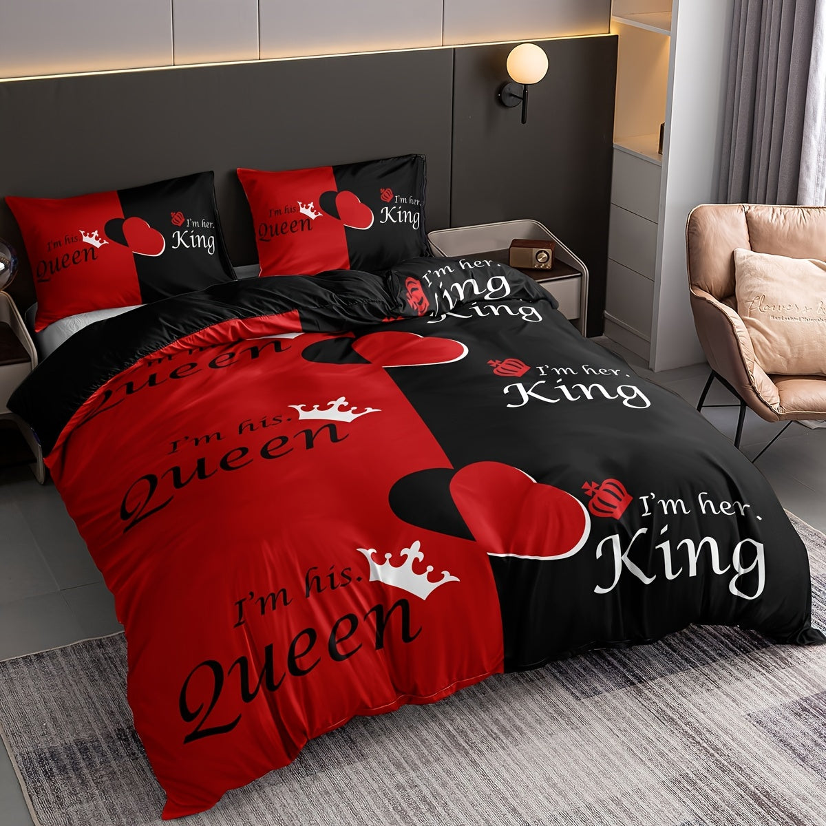 Queen and King Crown Print Bedding Set Duvet Cover Pillowcases Soft Breathable