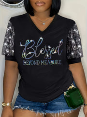 Women's Plus Size V-Neck T-Shirt Short Sleeve Sequin Lettering Casual