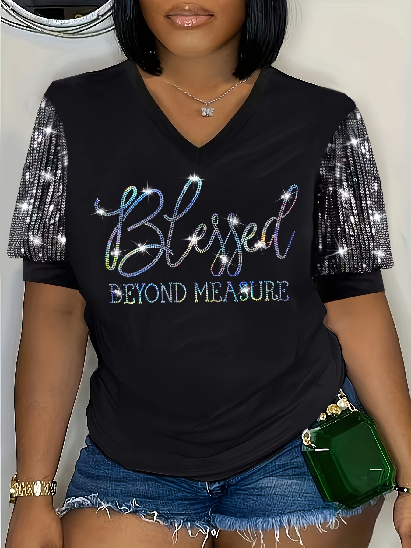 Women's Plus Size V-Neck T-Shirt Short Sleeve Sequin Lettering Casual