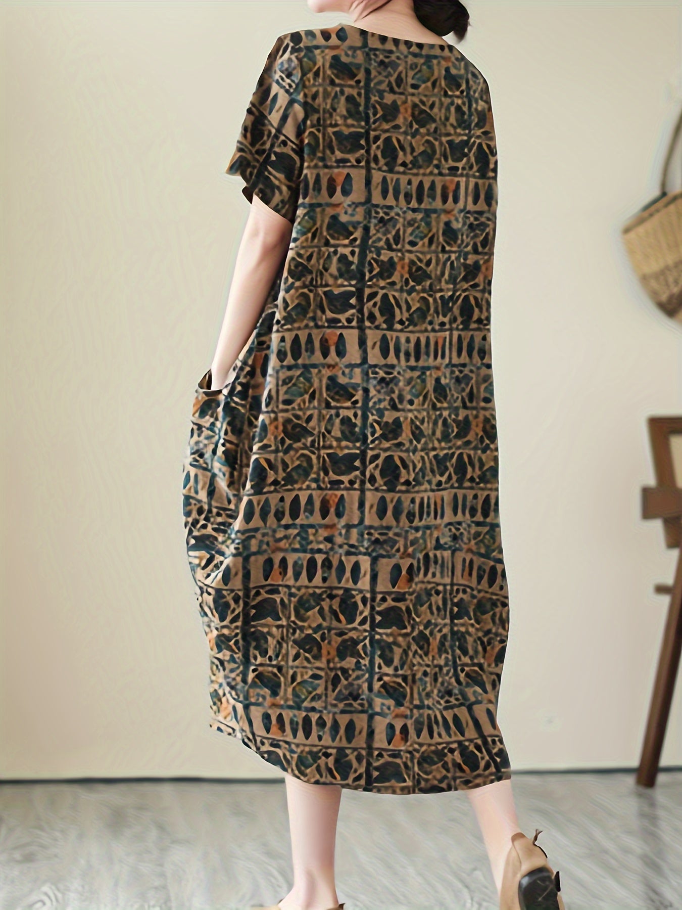 Vestido de lino para adultos de manga corta con estampado de primavera y verano y bolsillos