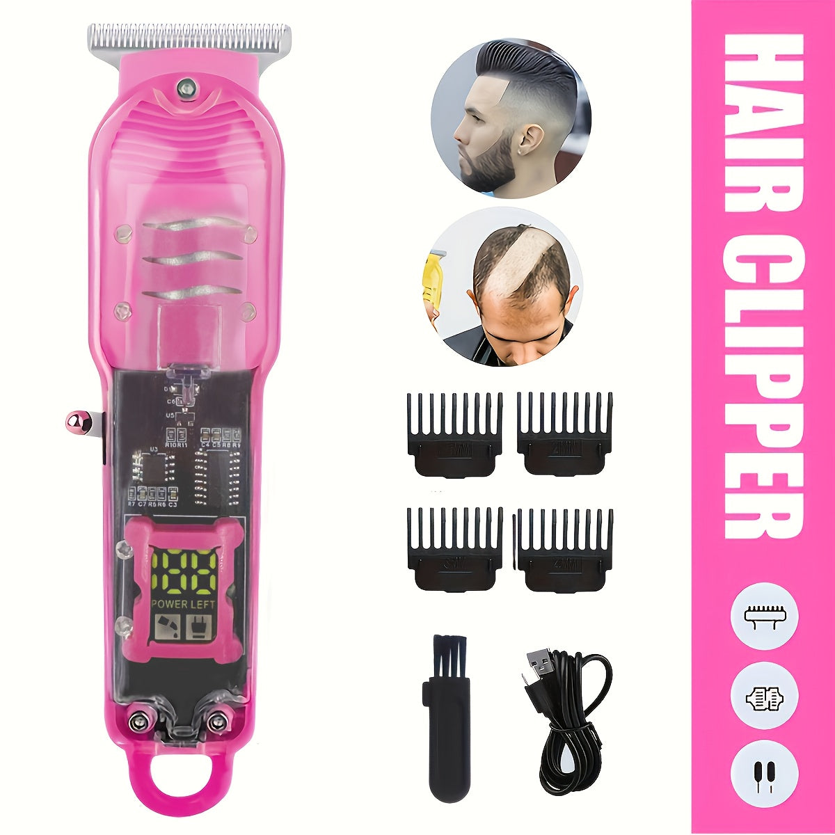 Rechargeable Hair Clippers with LCD Display, 6-Speed, Low Noise, Lithium Battery