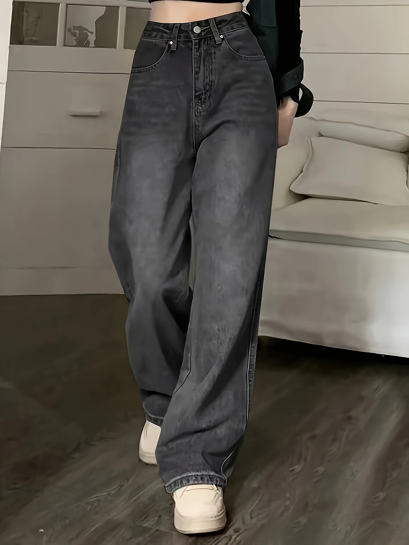 Jeans de estilo vintage para mujer con pierna recta suelta y múltiples bolsillos, pantalones de mezclilla para uso casual