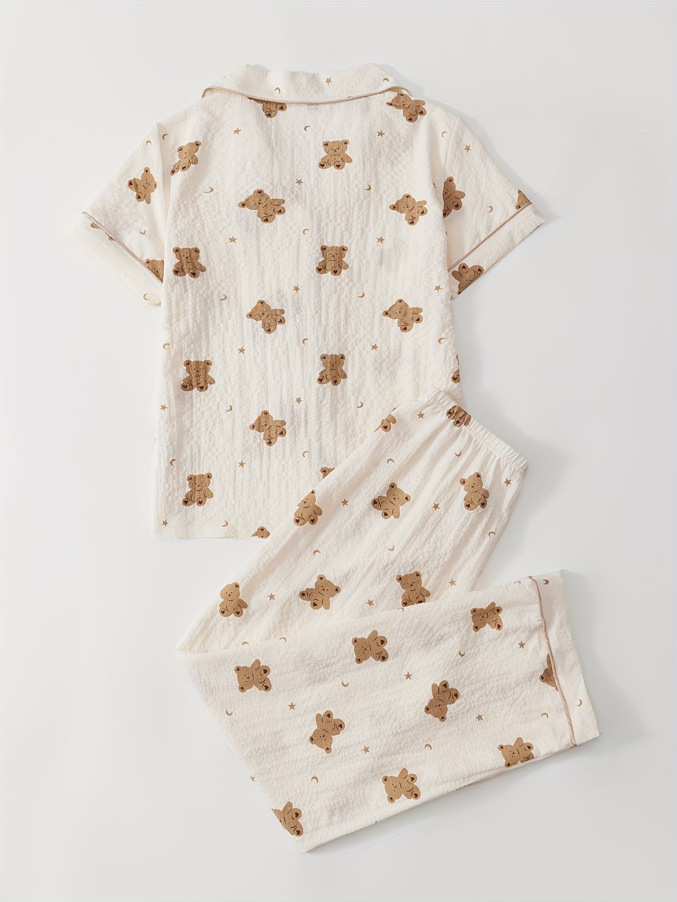 Women's Bear Print Lounge Set Short Sleeve Top Elastic Pants Casual Pajama Set