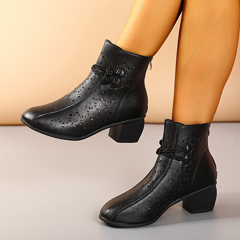 Women's Retro Round Toe Hollow Short Boots with Chunky Heel and Non-slip Sole