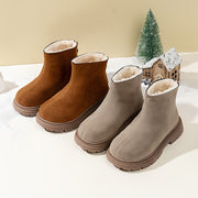 Kids Winter Ankle Boots with Plush Lining, Brown Fabric, Side Zipper, Casual Snow Booties