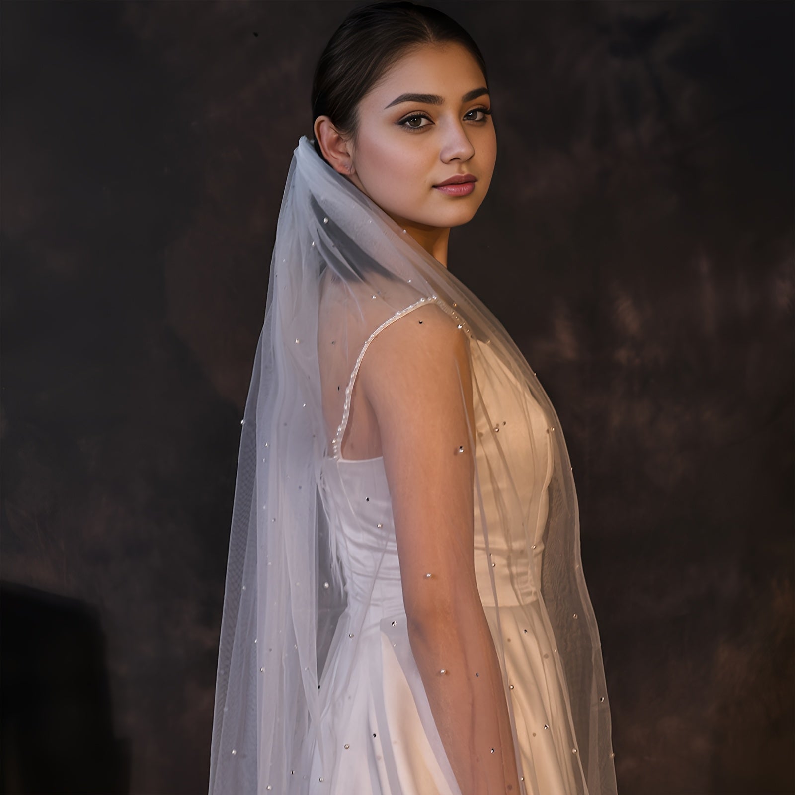 Bridal Veil with Faux Pearls Rhinestones Waltz Style Wedding Accessory for Women