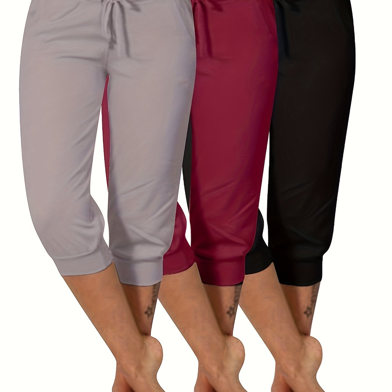 Plus Size Women's Yoga Capris Pack of 3 Maroon Drawstring Pockets Stretch Polyester