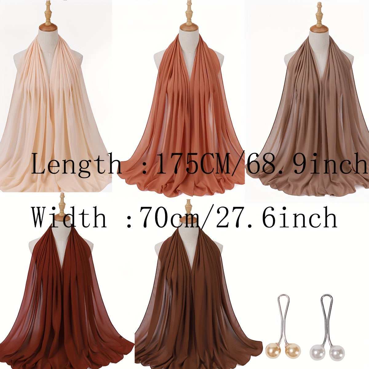 Set of 5 Women's Solid Color Chiffon Headscarves with Clips for Ramadan Gift