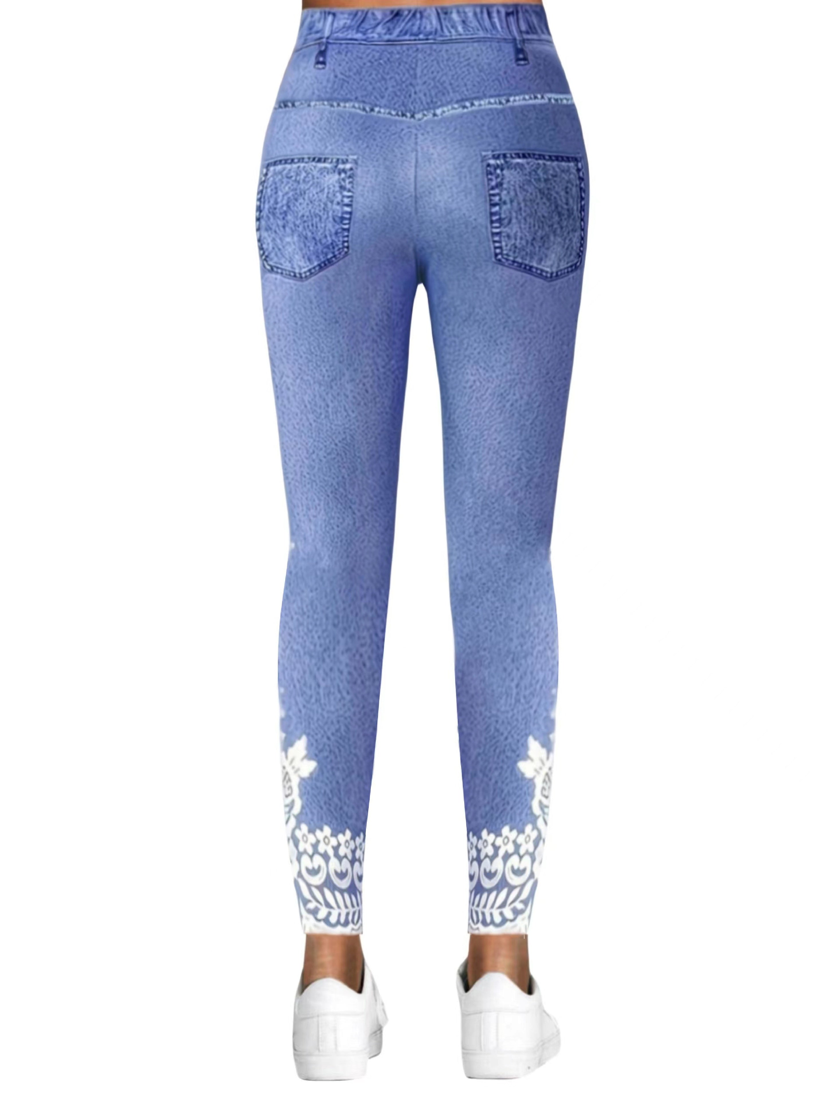 Plus Size Denim Print Faux Pocket Skinny Pants Breathable Stretch Trousers