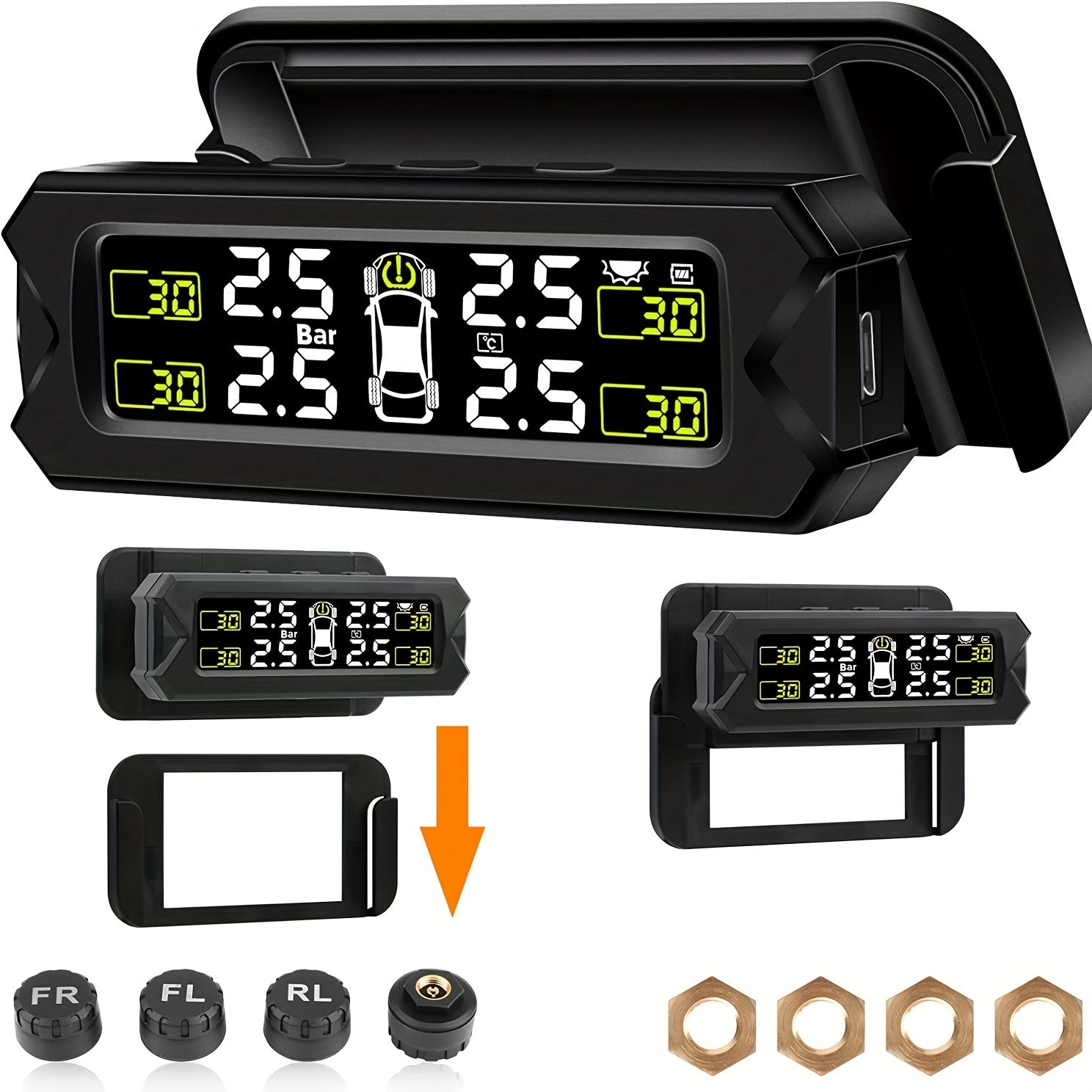 Wireless External Tire Pressure Monitoring System with Solar Bracket for Vehicles
