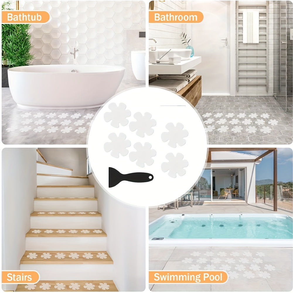 Set of 7 Clear Flower Shower Tread Stickers with Scraper for Bathtub Safety