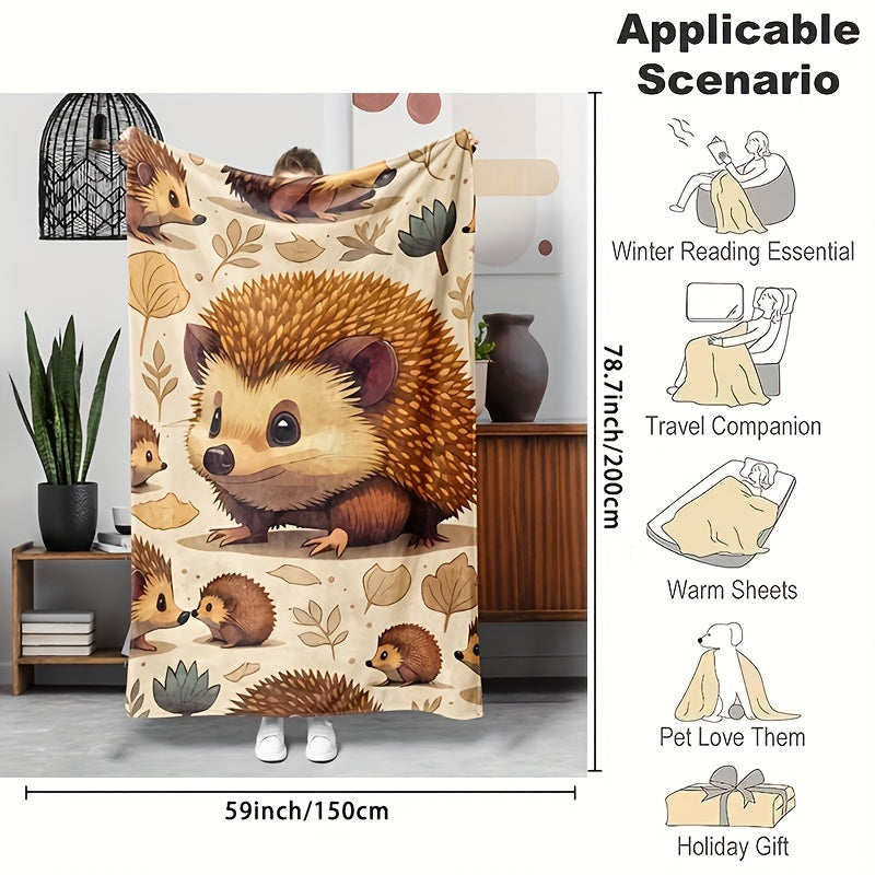 Hedgehog Flannel Throw Blanket All-Season Soft Cozy Hypoallergenic with Autumn Leaves Design