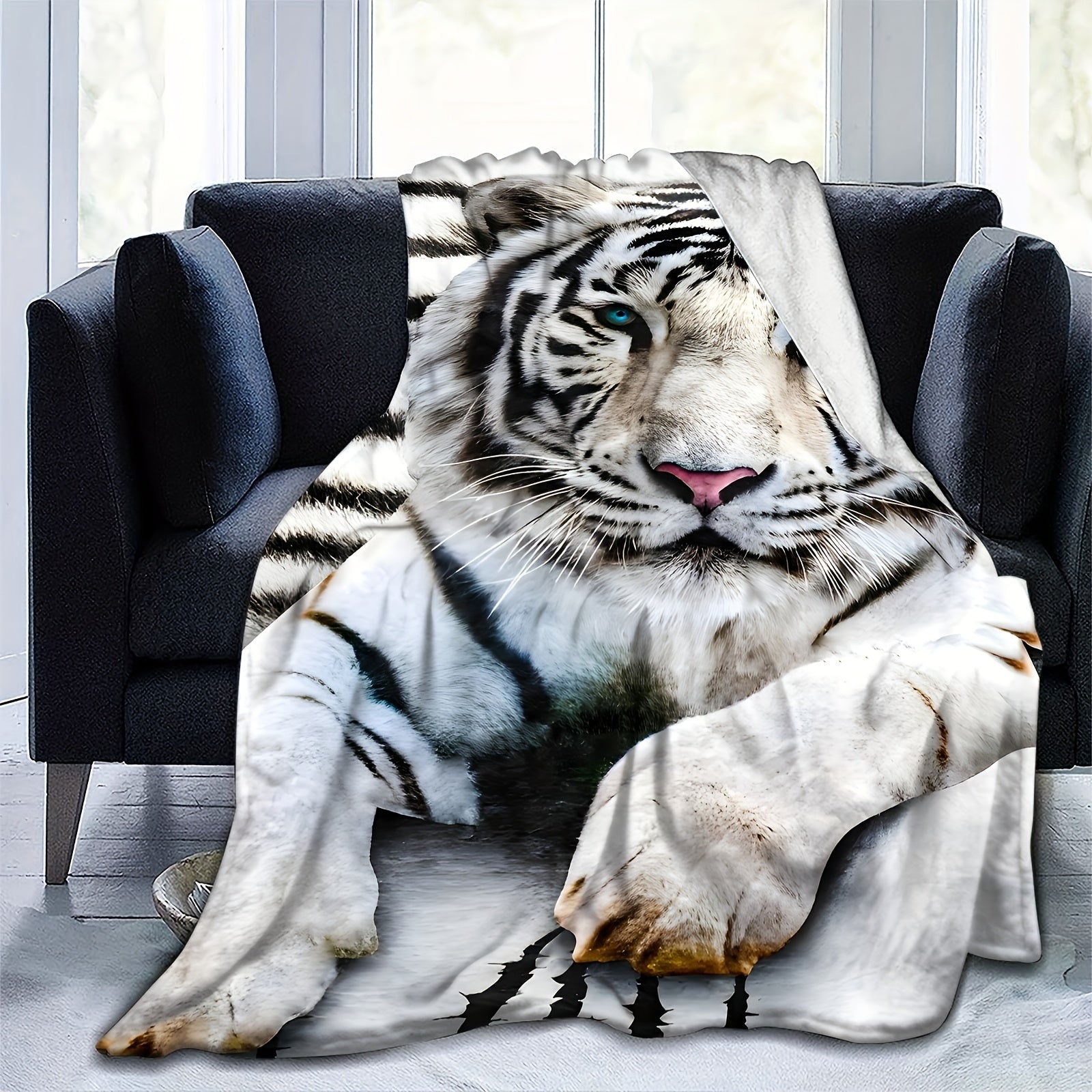 White Tiger Printed Flannel Blanket for Adults, Cozy, 1 Piece