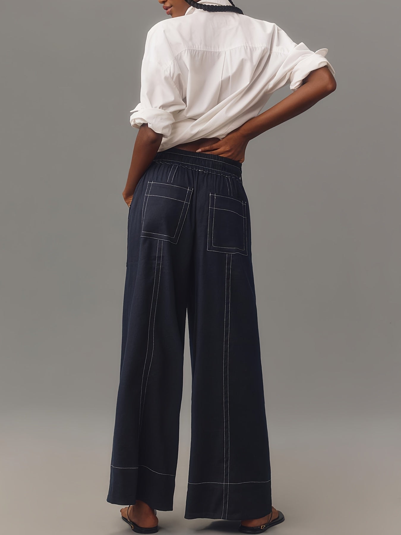 Women Plus Size Wide Leg Pants with Drawstring Elastic Waist Beige