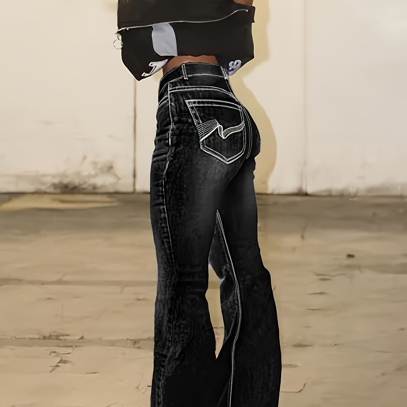 Women's Black High-Waisted Flare Jeans Plus Size Geometric Embroidery