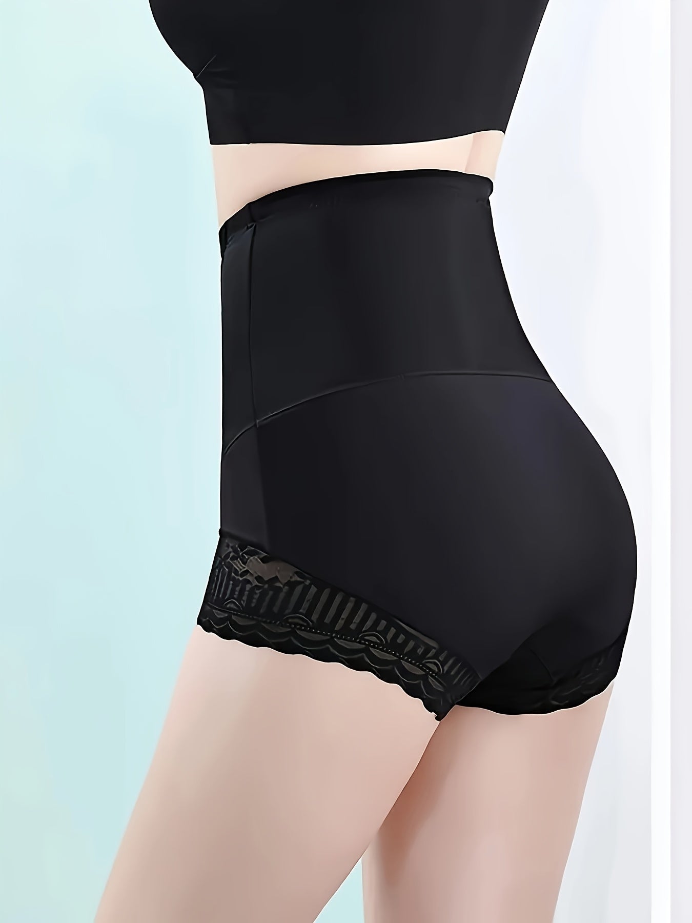 High-Waist Tummy Control Shapewear Panties for Women Seamless Knit Fabric Contrast Lace Solid