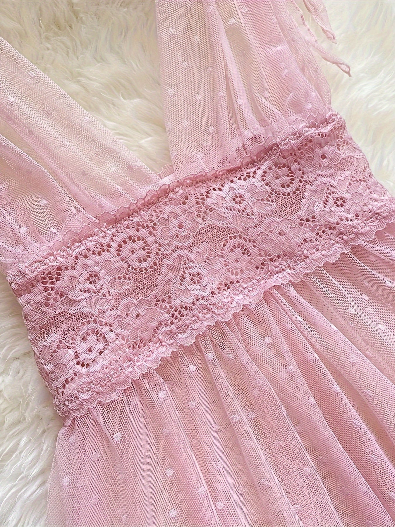 Polka Dot Mesh Dress with V-Neck Ruffle Trim Backless Thong