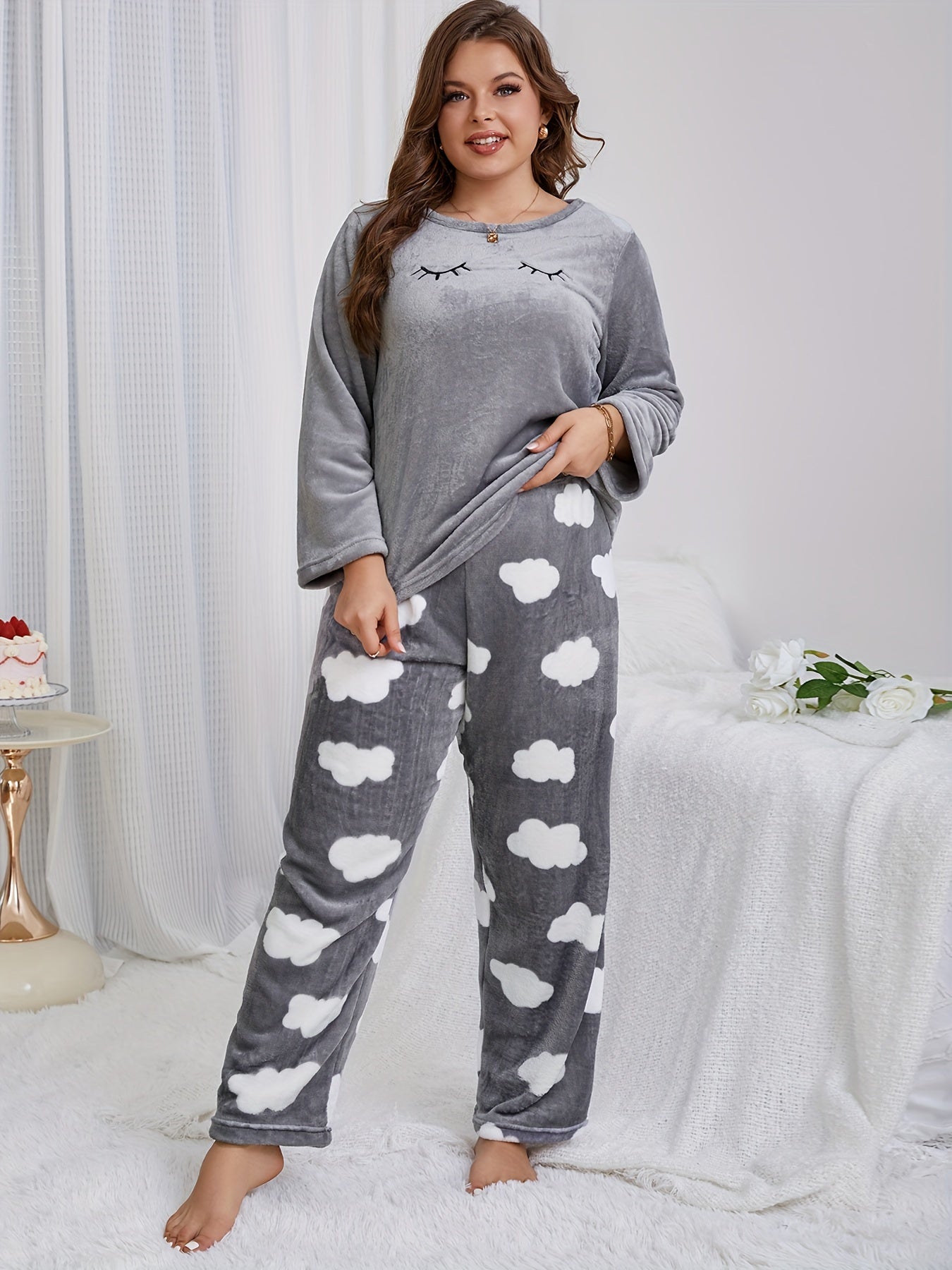 Women's Flannel Velvet Pajama Set Fall Winter Warm Loose Home Wear
