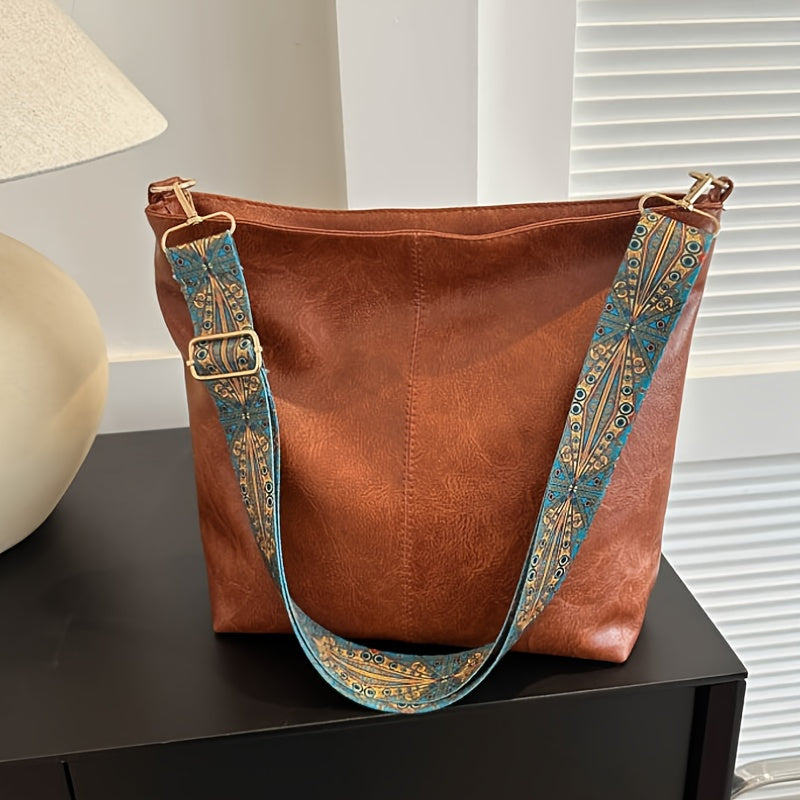 Women's Boho Chic Shoulder Bag Large Capacity Vintage Wide Strap Crossbody Tote for Casual Use