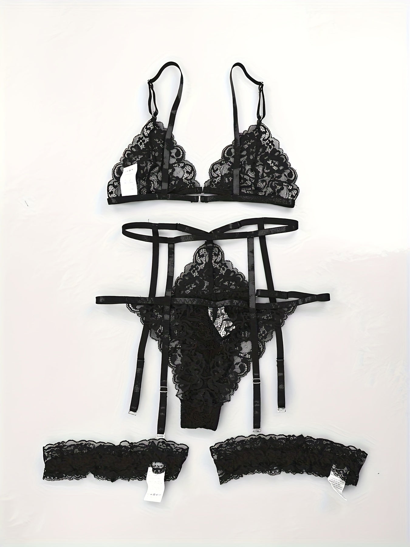 Sexy Lingerie Set with Lace Triangle Cup Bra, Panties, Suspender Socks, and Seduction Ring