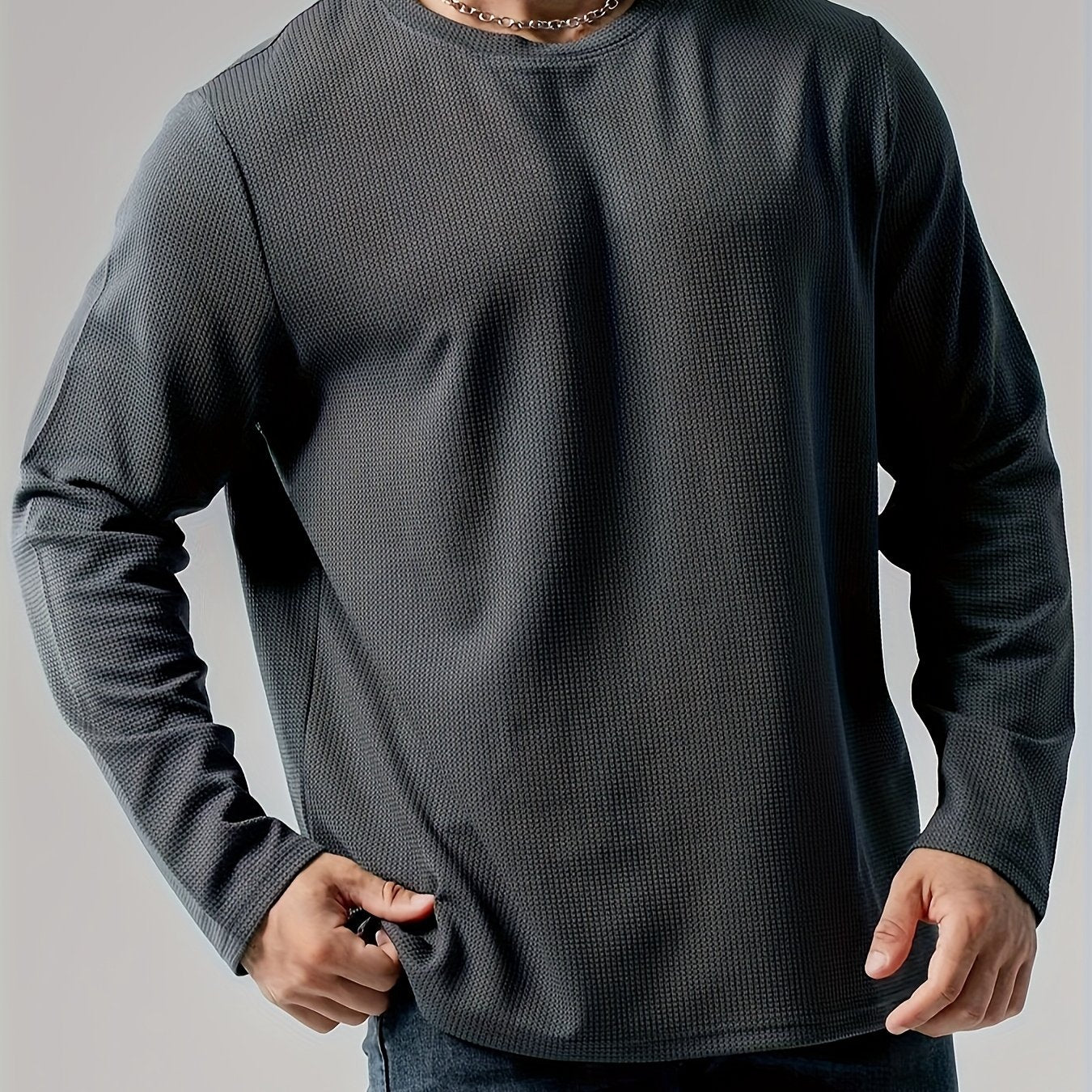 Men's Plus Size Dark Gray Long Sleeve Crewneck Top in Soft Polyester Knit for Fall Winter