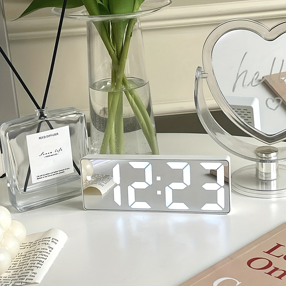 LED Mirror Alarm Clock with Digital Display and USB Charging for Bedroom or Office