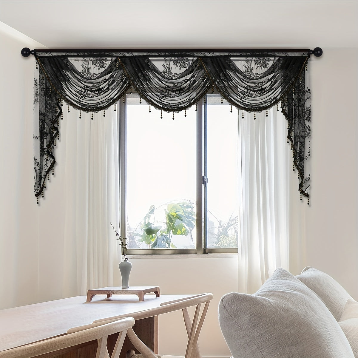 European Style Wave Curtain with Black Lace Valance and Flower Pattern for Living Room Windows